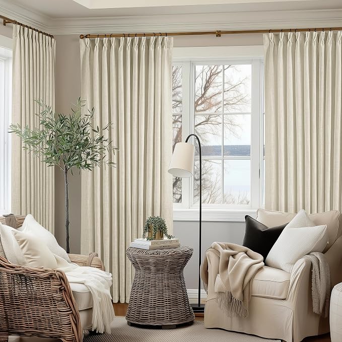TWODRAPES Pinch Pleated Extra Wide Curtain Panels 92 Inches Long 70 Wide Linen Curtain for Patio Sliding Glass Door Beige Hooks Rings Semi Sheer Privacy 90 Inch Length for Living Room 70x92 1 Panel