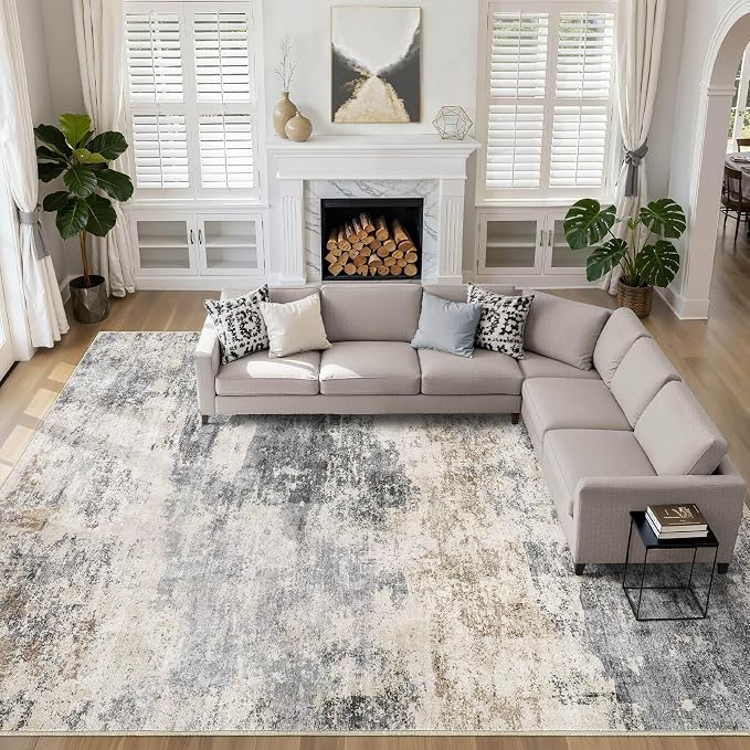 10x14 Area Rugs Living Room: Washable Large Abstract Modern Soft Rug Stain Resistant Indoor Floor Non Slip Accent Carpet for Bedroom Nursery Playroom Office Dining Room Dorm Home House- Gray Brown