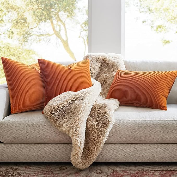 YCOLL Burnt Orange Pillow Covers 26x26 Set of 2 Velvet Striped Pattern - Soft Throw Pillows for Home Decor, Luxury Decorative Pillow Covers for Couch, Bed,Living Room