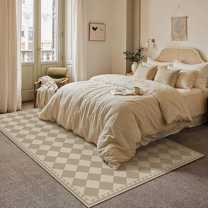 HUGEAR 5x7 Outdoor Rug Brown/Beige Linen-Look Fabric Checkered Area Rug High Traffic Stain Resistant Easy Clean Durable Rugs for Indoor/Outdoor Patio Deck Balcony Porch Garden Courtyard