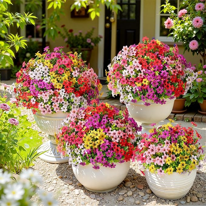 SHareconn 48 Bundles Artificial Flowers for Outdoors Spring Decoration, Fake Silk Realistic Faux Plants UV Resistant No Fade for Home Planter Porch Patio Summer Indoor Outside Decor, Mix 6 Colors