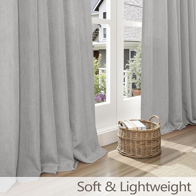 Grey Bedroom Curtains 63 Inch Length for Living Room 2 Panel Back Tab Burlap Boho Semi Sheer Dove Gray Light Filtering Linen Pleated Curtains for Nursery Teen Boys Room Office Modern Farmhouse Decor