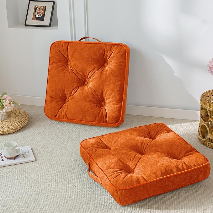 HIGOGOGO Large Floor Pillow Cushion for Adults, Meditation Cushion Pillow with Handle, Lustrous Chenille Tufted, Square Floor Sitting for Tatami Living Room or Yoga, 22x22 Inch, 2Pack, Orange