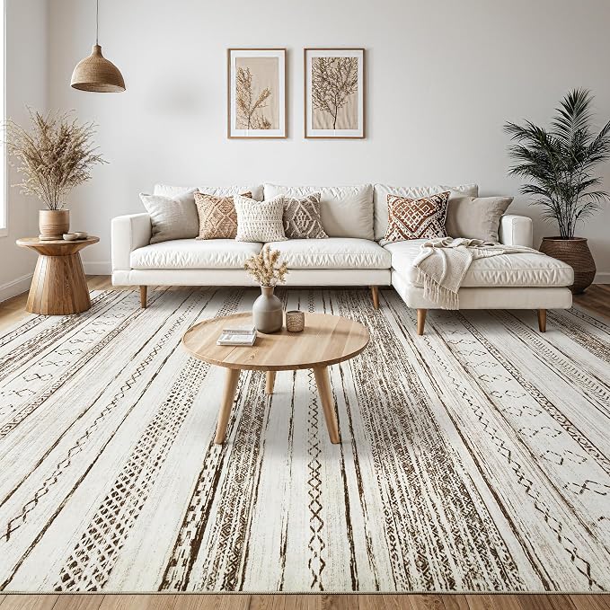 Tortania Area Rug Living Room Rugs - 12x18 Washable Large Soft Neutral Boho Moroccan Bohemian Farmhouse Rug Indoor Floor Carpet for Bedroom Under Dining Table Home Office Decor - Cream Brown