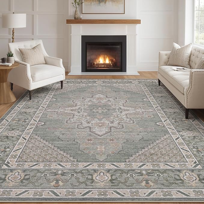 Tortania Area Rug Living Room Rugs - 9x12 Washable Boho Rug Vintage Oriental Distressed Farmhouse Large Thin Indoor Carpet for Living Room Bedroom Under Dining Table Home Office - Green Gray