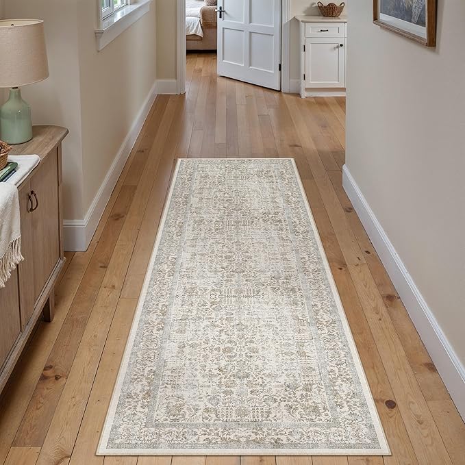 PureCozy Taupe Runner Rug 2x6 Hallway Machine Washable Kitchen Vintage Distressed Non Slip Long Carpet Indoor Retro Floral Bedroom Accent Throw Rug for Bathroom Office Laundry Dining Living Room