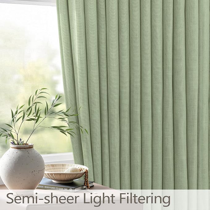 DANCURTON Sage Green Pinch Pleated Linen Curtain 63 Inch Long for Living Room 2 Panel Stone Washed Earth Tone Decor Back Tab Boho Neutral Greige Earthy Thick Sheer Pleat Drape for Bedroom 40x63 Length