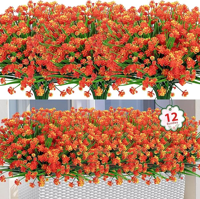 Ouddy Decor 12 Bundles Artificial Flowers for Outdoors UV Resistant Fake Plastic Plants Faux Greenery Stems for Spring Summer Indoor Garden Patio Window Box Kitchen Home Decor, Orange