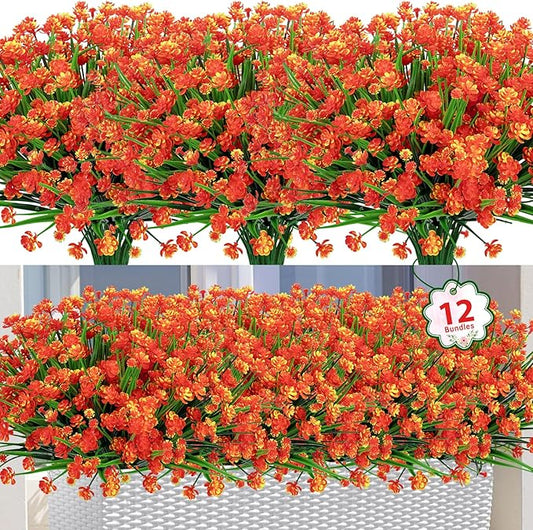 Ouddy Decor 12 Bundles Artificial Flowers for Outdoors UV Resistant Fake Plastic Plants Faux Greenery Stems for Spring Summer Indoor Garden Patio Window Box Kitchen Home Decor, Orange