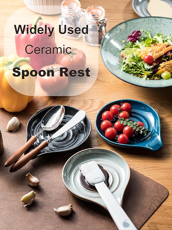 LAUCHUH Spoon Rest, Ceramic Spoon Holder for Stove Top 5" Kitchen Spatula Rest for Countertop Large Cooking Utensil Holder for Ladle, Spatula, Spoons or Tongs, Speckled Dark Gray