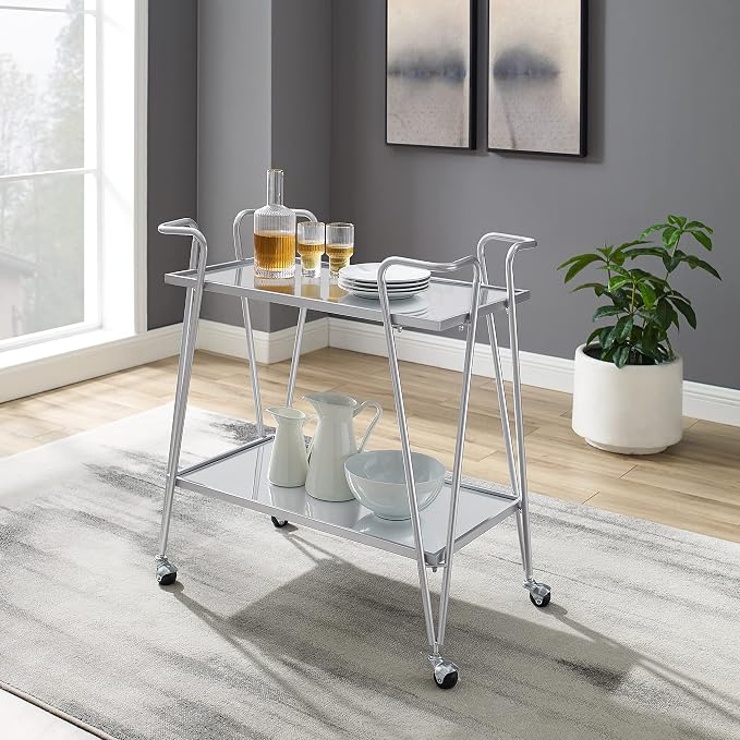 Linon Gina Silver Mid Century Bar Cart with Mirrored Shelves on Locking Castors