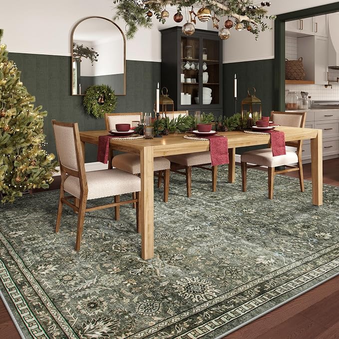 Lahome Dark Olive Green Bedroom Rug, 8x10 Washable Area Rug for Living Room | Rubber Backed Non Slip Non Shedding Floor Carpets for Dining Room Apartment