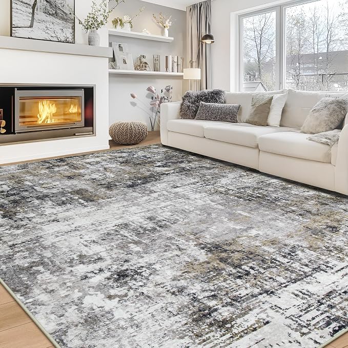 8x10 Area Rugs for Living Room Rug Washable: Modern Large Rug for Dining Room Bedroom Carpet Non Slip 8 by 10 Indoor Abstract Nursery Home Office Black Gold