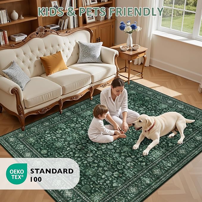 5x7 Area Rugs Living Room Rug: Washable Vintage Distressed Floral Rug No Slip Stain Resistant Soft Carpet Indoor Large Carpets for Bedroom Dining Room Farmhouse Nursery Hallway Home Office Deep Green