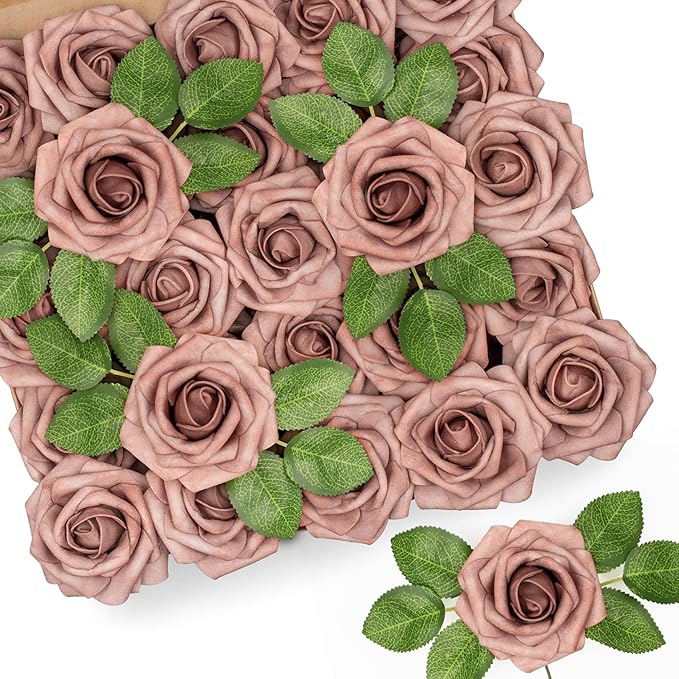 Mocoosy 50Pcs Artificial Rose Flowers, Dusty Roses for Decorations, Real Touch Fake Foam Rose Bulk with Stems DIY Wedding Bouquets, Bridal Shower, Mother's Day Floral Arrangements Party Table Decor
