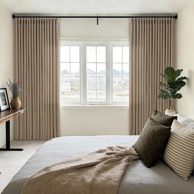 Extra Long Pleated Linen Curtains 120 Inches Length Light Brown Tan Farmhouse Light Filtering Memory Trained Window Curtain with Hooks Rings Back Tab Ceiling Floor Drapes 2 Panels Set for Living Room