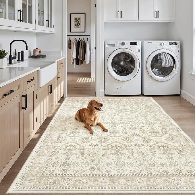 Soalmost 3x5 Rug, Small Area Rug for Kitchen, Entryway, Machine Washable Non-Slip Throw Rug, Vintage Carpet for Nursery Coffee Table Beige/Brown