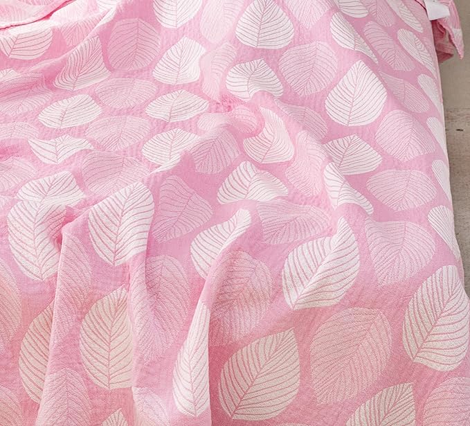 MEJU Modern Leaf Pink Kids Young Girls Muslin Lightweight Blanket for Bed Sofa Couch 100% Combed Cotton 3 Layer Soft Warm Reversible Throw Blanket Bedspread Bed Coverlet Full Queen 80 in x 90 in