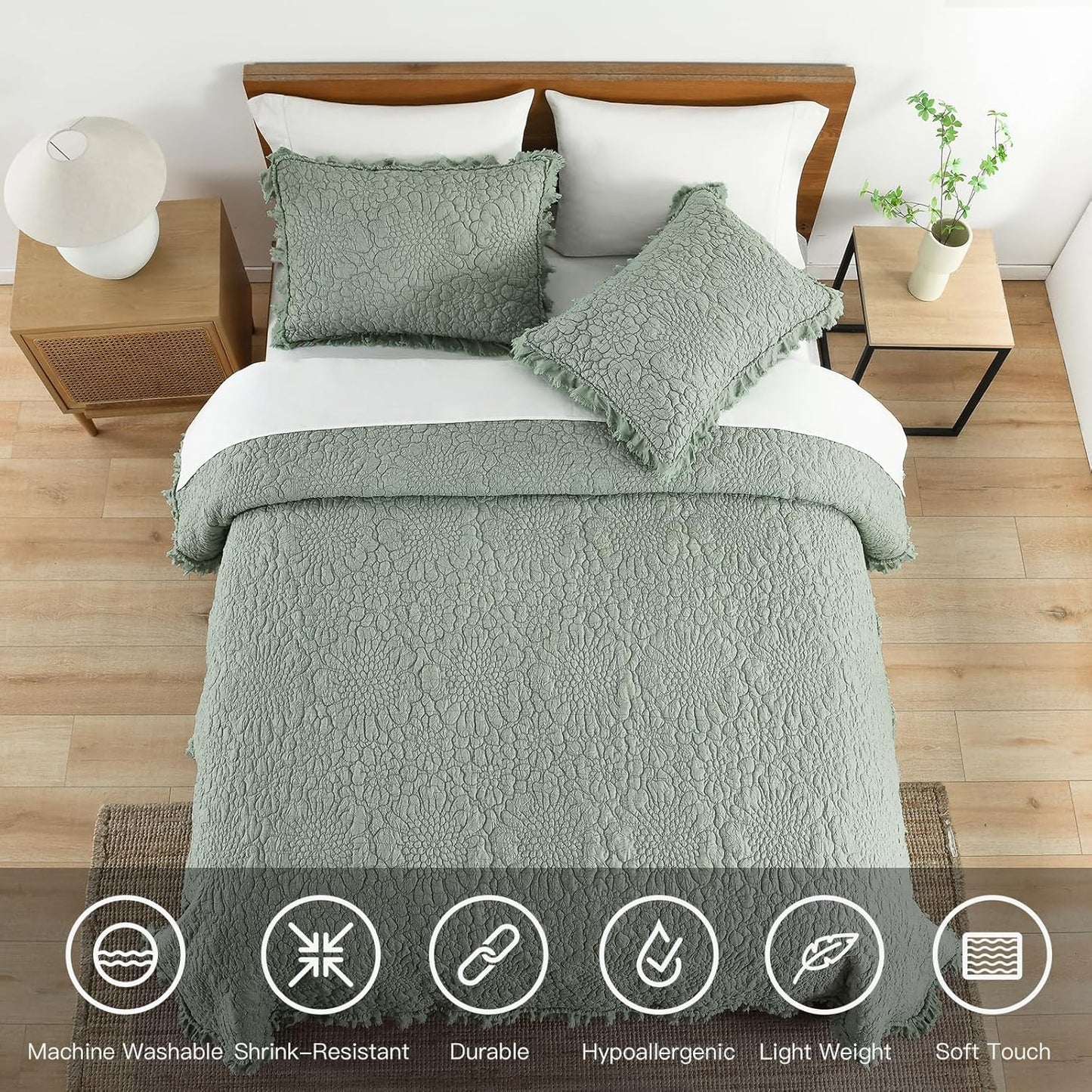 HORIMOTE HOME Sage Green Ruffled Quilt Queen Size, Stone-Washed Microfiber Lightweight Crinkled Farmhouse Rustic Shabby Chic Bedding Set, 3 Pieces Reversible Bedspread with Pillow Shams for All Season