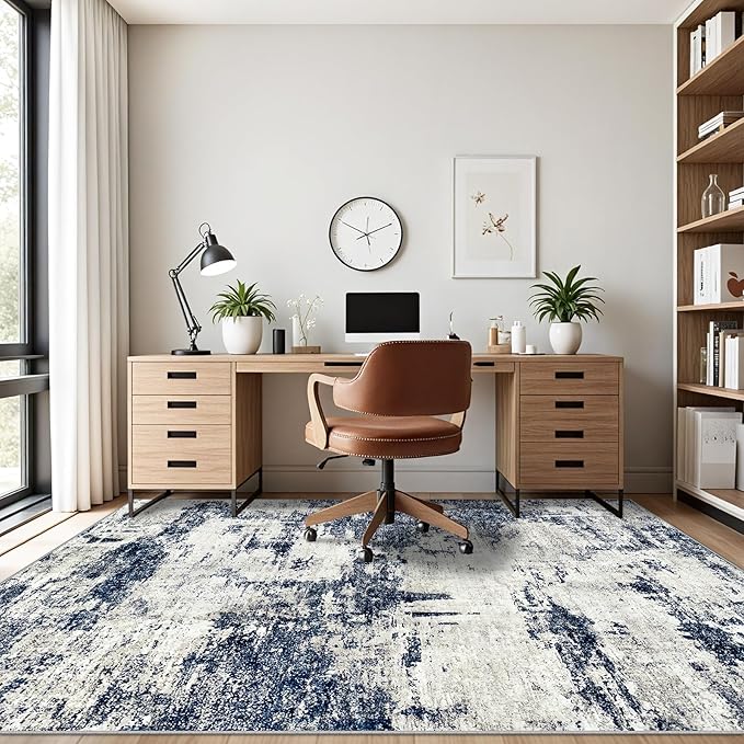 8x10 Area Rug for Living Room Bedroom: Abstract Washable Rug with Anti-Slip Backing Non-Shedding Stain-Resistant Soft Large Carpet for Dining Room Nursery Home Office - Gray/Blue