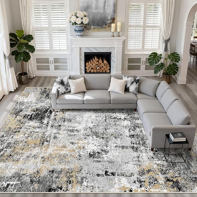10x14 Area Rugs Living Room: Washable Large Abstract Neutral Modern Soft Rug Stain Resistant Indoor Floor Non-Slip Accent Carpet for Bedroom Nursery Playroom Dining Room Office Dorm Home- Black Gold