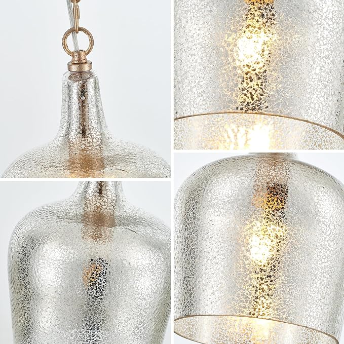 10” Large Silver Plated Hammered Glass Pendant Light Industrial Dome Modern Pendant Lighting Fixtures for Kitchen Island Dining Room Hallway, UL Listed