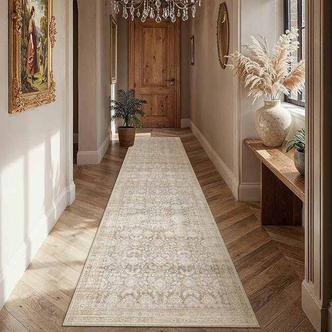 2x10 Beige Washable Neutral Runner Rug for Living Room Floral Non Slip Low Pile Runner Indoor Vintage Traditional Stain Resistant Distressed Carpet Kitchen Bedroom Dining Room Hallway Bathroom
