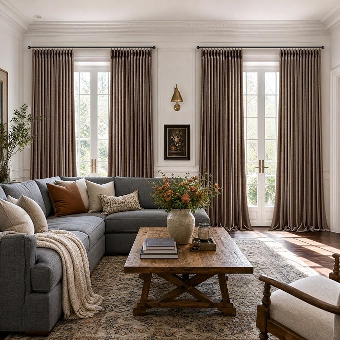 Semi Sheer Thick Linen Curtains 108 Inch Pinch Pleated Dark Brown Memory Shaped Drapes for Track System Back Tab Vintage Rustic Light Filtering Curtains for Living Dining Room Bedroom 108 Inches Long