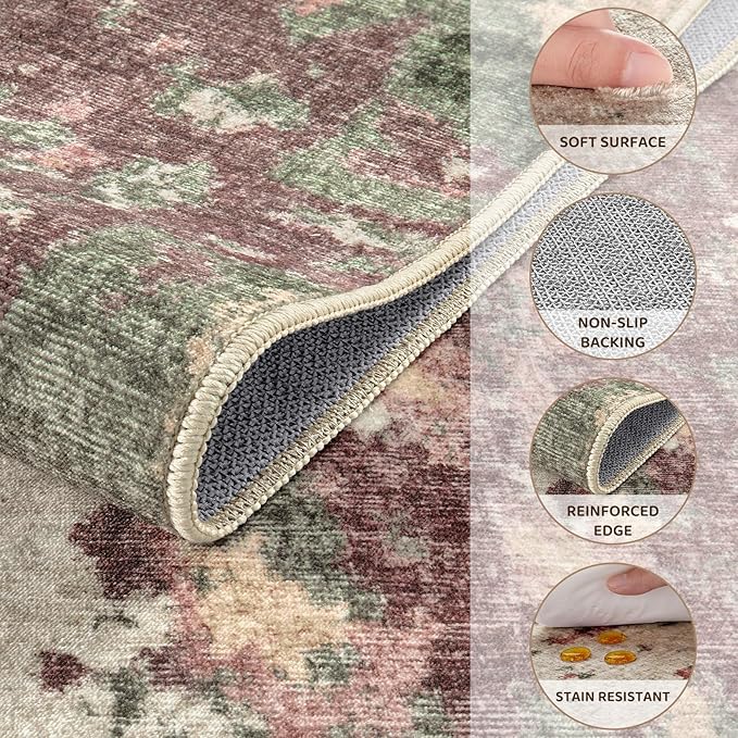 UERMEI 6x9 Area Rug Living Room Rugs - Washable Neutral Modern Abstract Soft Thin Rug Indoor Floor No Slip Rug Carpet for Bedroom Under Dining Table Home Office Decor - Purple/Green/Beige