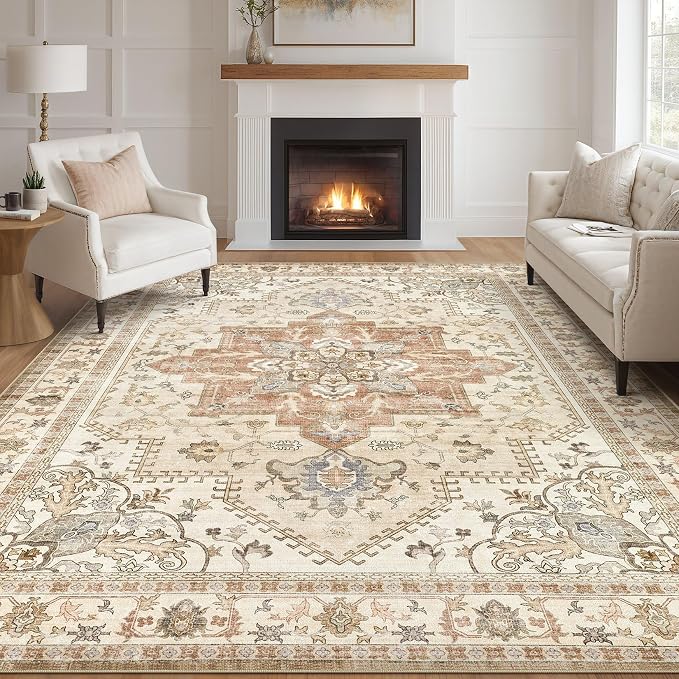 Tortania Area Rug Living Room Rugs - 8x10 Washable Boho Rug Vintage Oriental Distressed Farmhouse Large Thin Indoor Carpet for Living Room Bedroom Under Dining Table Home Office - Rust/Cream