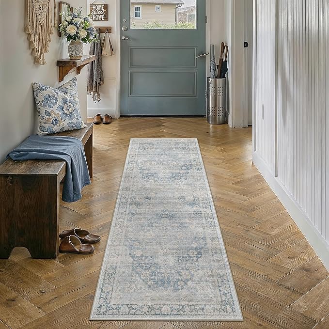 2x6 Washable Neutral Runner Rug Blue Vintage Hallway Kitchen Carpet Non-Slip Soft Low Pile Oriental Throw Rug for Bedroom Bathroom Laundry Living Room