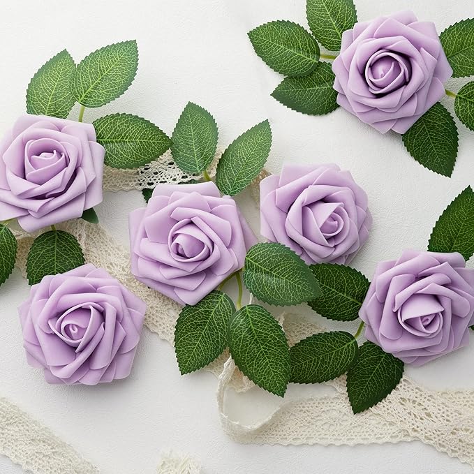Mocoosy 50Pcs Rose Artificial Flowers, Lavender Fake Roses for Decorations, Purple Foam Fake Flowers with Stem for DIY Wedding Bouquet Bridal Shower Mother's Day Floral Arrangement Party Home Decor