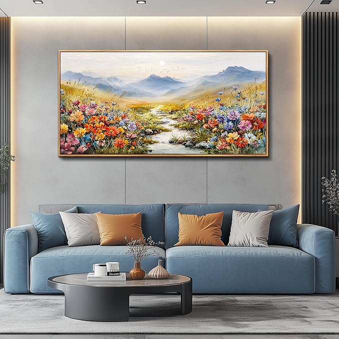XIGUANGART Floral Wall Art, Large Framed Wall Art, Flower Pictures Wall Decor, Colorful Wildflowers Art Prints, Mountain Nature Landscape Paintings for Living Room Bedroom Kitchen Farmhouse 20"x40"