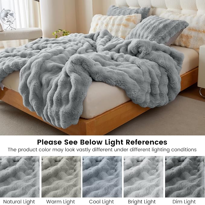 Simple&Opulence Fluffy Faux Fur Comforter Set, Plush Fuzzy Minky Bedding Set, 3 Pieces Warm Soft Comforter Bedding Set for Winter - 1 Shaggy Comforter with 2 Pillow Shams(Queen, Light Grey)