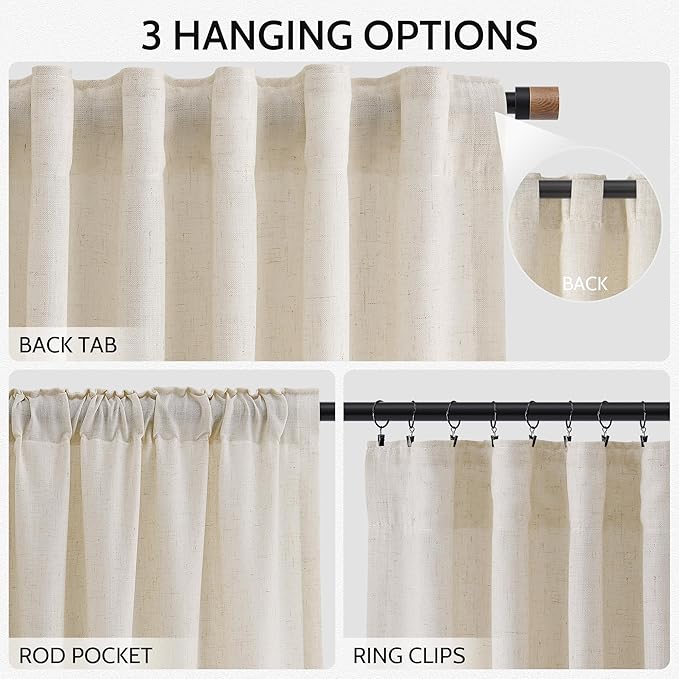 Birch Beige Linen Curtains for Living Room 98 Inches Long Light Filtering Semi Sheer Curtain Back Tab Modern Farmhouse Decor Elegant Luxury Coastal Drapes for Bedroom Dinner Room 52x98, 2 Panels