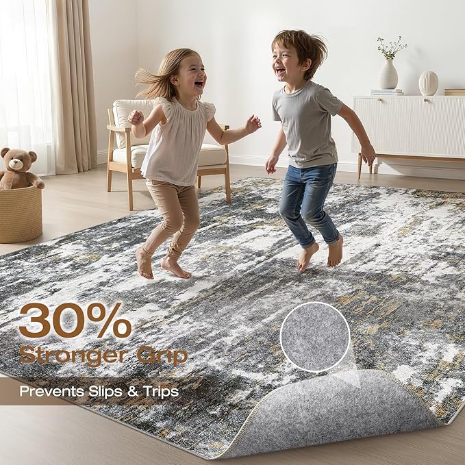 6x9 Area Rugs Living Room: Washable Large Neutral Rug Abstract Soft Modern Stain Resistant Indoor Floor Non-Slip Carpet for Bedroom Nursery Kids Office Playroom Dining Room- Black White Gold