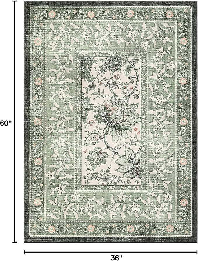 GarveeHome Provence Sage Green 3x5 Rug Washable Non-Slip Low-Pile Indoor Rugs for Entryway Botanical Grove Vintage Boho Cottage Throw Carpet for Kitchen Bedroom Living Room Bathroom Mat