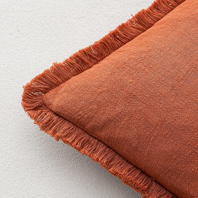 MIULEE Decorative Throw Pillow Covers Neutral Linen Fringe Throw Pillows Set of 2 Burnt Orange Boho Farmhouse Cushion Covers with Tassels for Couch Sofa Bed Living Room Fall Home Decor 20x20 Inch