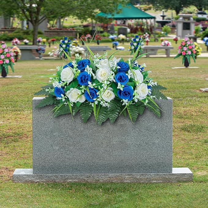 DONODA Cemetery Tombstone Flower Saddle - Outdoor Grave Decorations - Non-Bleed Colors, Rose Combination Flower (Dark Blue and White Saddle)