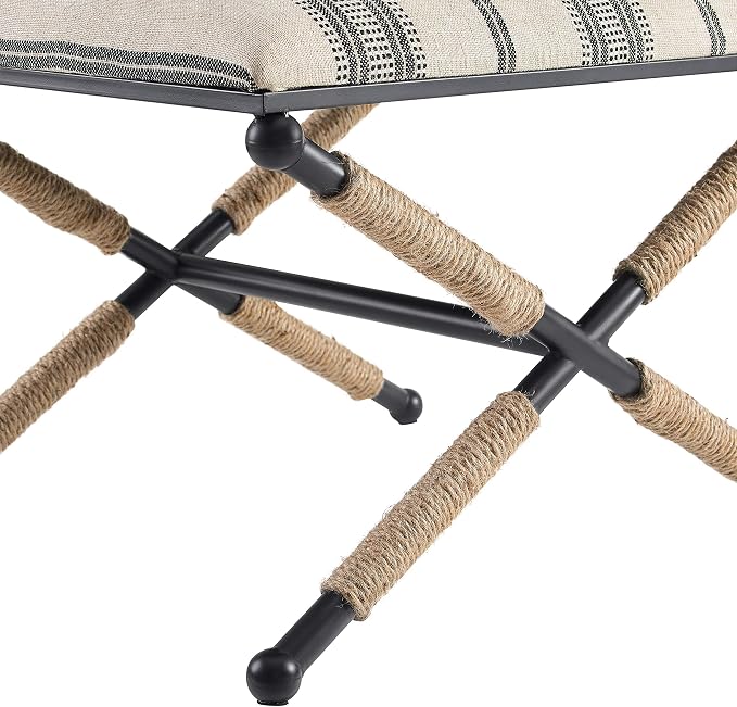 Linon Farrow Black Metal and Natural and Black Stripe Upholstered Campaign Ottoman
