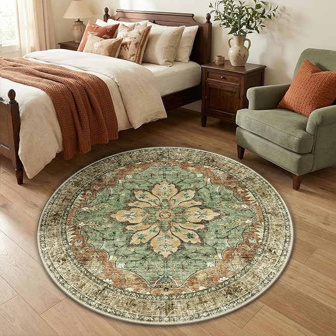 RELEANY Area Rugs 4ft Washable Non-Slip, Floral Vintage Distress Print Pattern Medallion Carpet for Living Room Bedroom Dining Room, Brick Red Rust Neutral Brown Burnt Orange