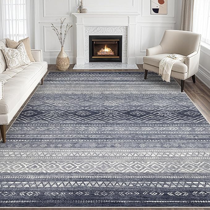 Tortania Area Rug Living Room Rugs- 7x9 Washable Large Soft Neutral Boho Moroccan Bohemian Farmhouse Rug Indoor Floor Carpet for Bedroom Under Dining Table Home Office Decor - Blue Gray