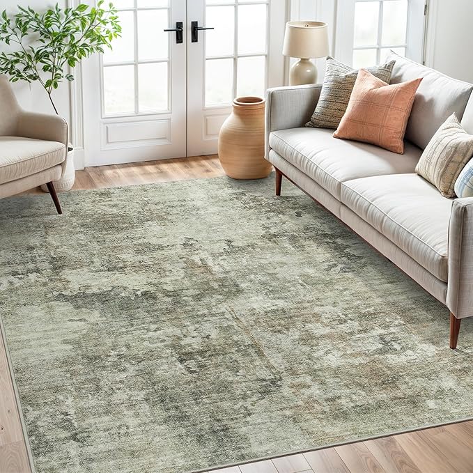 Soalmost Area Rug 6x9 Abstract Living Room Washable Rugs Green Black Non Slip Low Pile Carpet for Bedroom Dining Room Foldable Thin