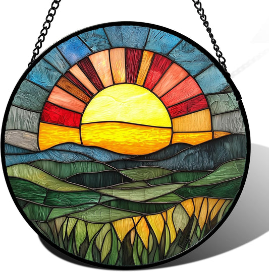 Stained Glass Window Hanging, Golden Red Sun Green Mountain Suncatcher for Window Home Decor Nature Landscape Sun Catcher Mother's Day Birthday Gifts for Women Men Mom Nana 11.8 in