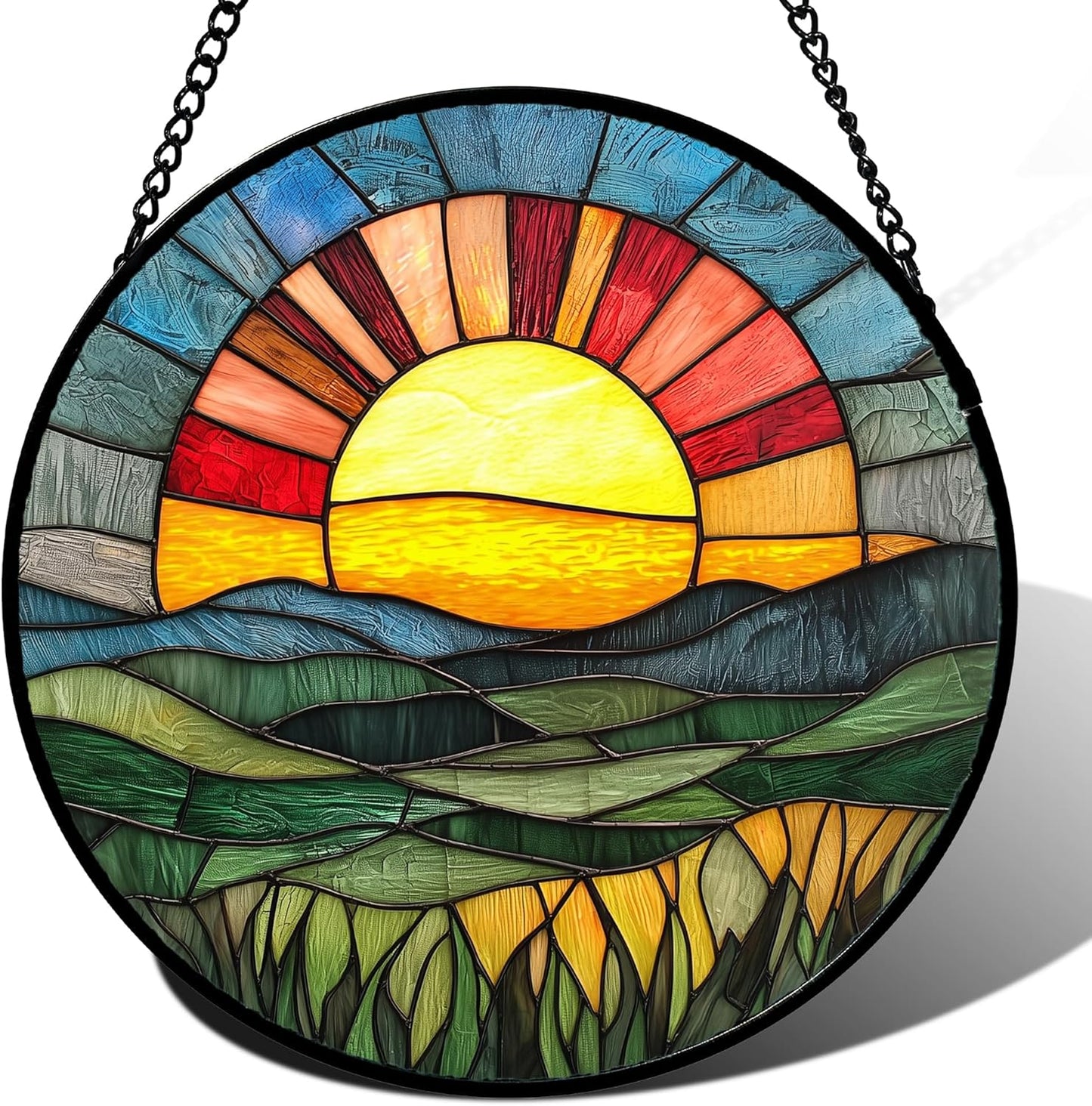 Stained Glass Window Hanging, Golden Red Sun Green Mountain Suncatcher for Window Home Decor Nature Landscape Sun Catcher Mother's Day Birthday Gifts for Women Men Mom Nana 6.3 in