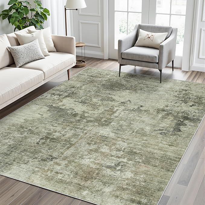 Soalmost Area Rug 6x9 Abstract Living Room Washable Rugs Green Black Non Slip Low Pile Carpet for Bedroom Dining Room Foldable Thin