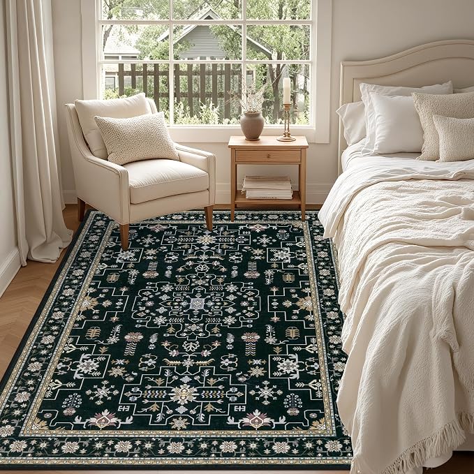 4x6 Area Rugs for Living Room: Washable Rug Soft Vintage Boho Medallion Carpet Indoor Floor Non-Slip Stain Resistant Large Carpets for Bedroom Dining Room Farmhouse Nursery Home Office Black