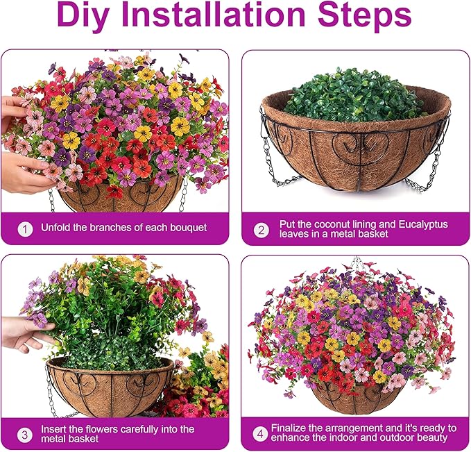 HyeFlora 2 Set Artificial Outdoor Flowers Hanging Basket, Faux Hanging Plants for Outside Spring Decoration, Fake Silk UV Resistant Look Real Daisy for Porch Patio Home Decor