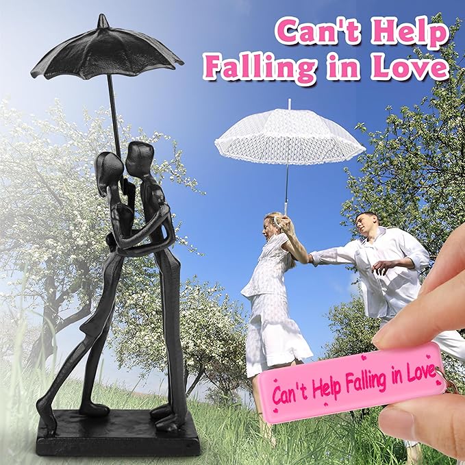 Kresecioo Anniversary for Couple/Her, Affectionate Couple Statue Kissing Under Umbrella, Handcrafted Cast Iron Sculpture in Love, Wedding Gifts 6th Anniversary Mothers Day Love Gifts for Wife