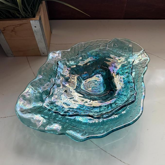Set of 2 Oyster Shell Decorative Plates, 13 and 10 Inch Sea Blue Glass | Two Sizes for Layered Display, Wavy Uneven Rims, Glossy Finish Shifts Green, Purple, And Smoky Tones